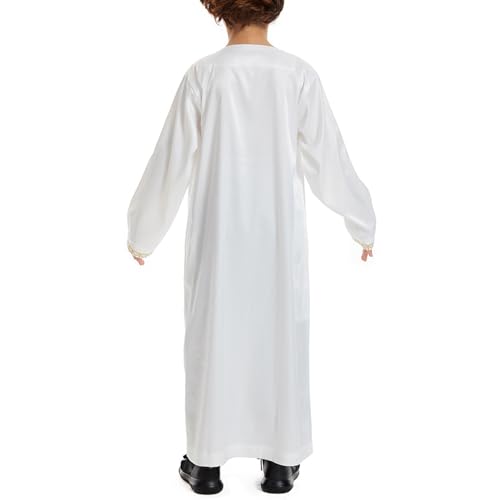 Boys Muslim Clothing Kids Prayer Outfits Long Sleeve Eid Dresses Embroidered Thobe Solid Color Crewneck Arabic Abaya - color: White, size: 5-6X