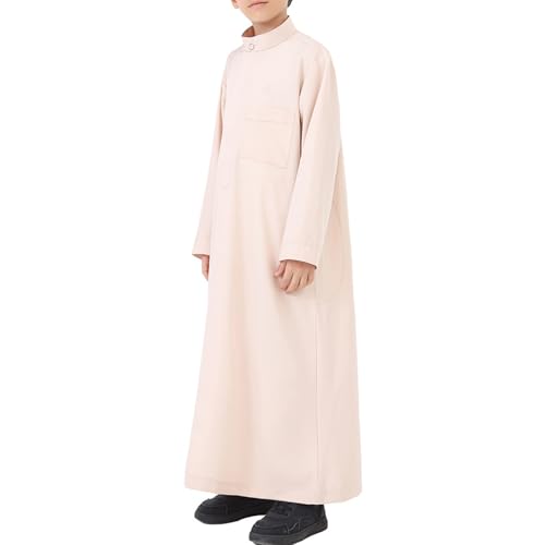 Muslim Thobe for Boys Long Sleeve Islamic Arabic Kaftan Dubai Button Robe Middle East Prayer Dress Kids Ramadan Eid Outift - color: Beige, size: 3-4T