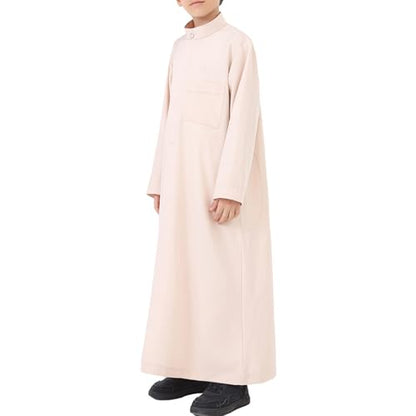 Muslim Thobe for Boys Long Sleeve Islamic Arabic Kaftan Dubai Button Robe Middle East Prayer Dress Kids Ramadan Eid Outift - color: Beige, size: 13-14 Years