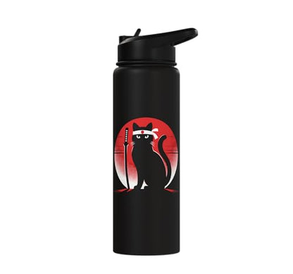 Japanese Cats Lovers Retro Cool Fighting Ninja Cat Fighter Stainless Steel Insulated Water Bottle - color: Black