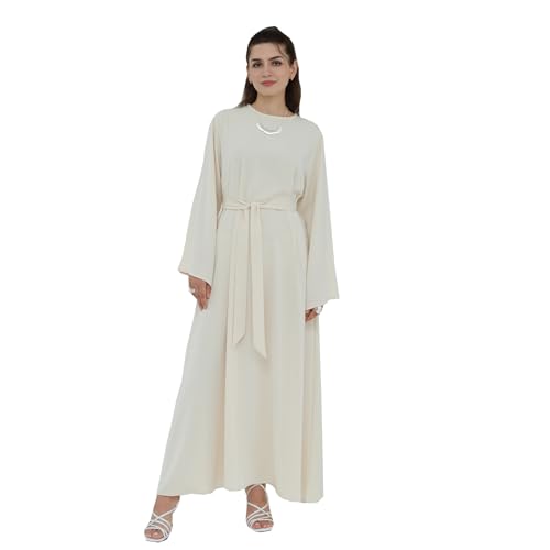 Women Abaya Dress with Belt Muslim Bell Sleeve Robe Islamic Prayer Jilbab | with Belt, A-line Skirt, Bell Sleeve - color: Apricot, size: Medium