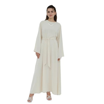 Women Abaya Dress with Belt Muslim Bell Sleeve Robe Islamic Prayer Jilbab | with Belt, A-line Skirt, Bell Sleeve - color: Apricot, size: Large