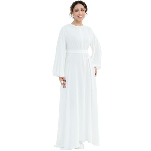 Muslim Women Abaya Dress Breathable Front Zipper&Pockets&Belt Prayer Robe - color: White, size: X-Large