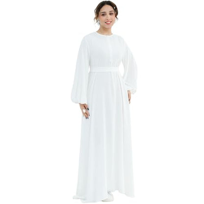 Muslim Women Abaya Dress Breathable Front Zipper&Pockets&Belt Prayer Robe - color: White, size: Medium