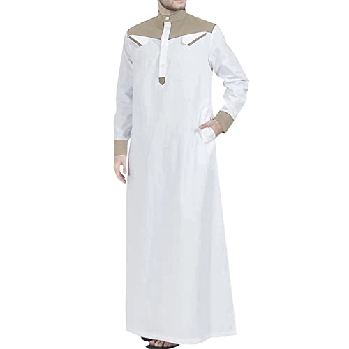 Men's Muslim Thobe Casual Islamic Long Sleeves Button Down Kaftan Arab Clothing Muslim Gown for Men - color: Khaki, size: Small