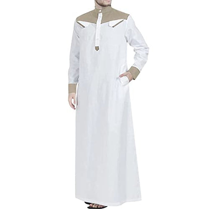 Men's Muslim Thobe Casual Islamic Long Sleeves Button Down Kaftan Arab Clothing Muslim Gown for Men - color: Khaki, size: XX-Large