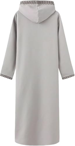 Men's Hooded Thobe - Traditional Embroidered Muslim Islamic Kaftan, Half-Zip Middle Eastern Arabic Robe - color: Beige, size: XX-Large