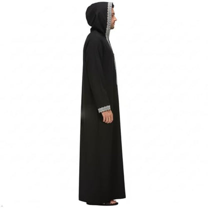 Men's Hooded Thobe - Traditional Embroidered Muslim Islamic Kaftan, Half-Zip Middle Eastern Arabic Robe - color: Black, size: Large