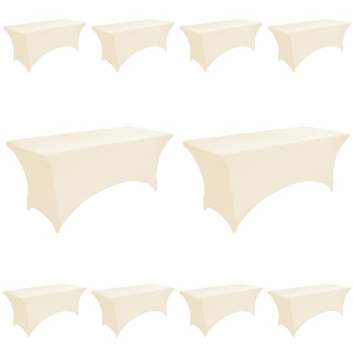 10-Pack 6ft Spandex Table Covers for Rectangle Standard Folding Tables - Wrinkle Resistant Stretch Tablecloths - Ultimate Fitted Table Protector for Parties, Banquet, Wedding - color: Beige, size: 6-foot | 10-pack