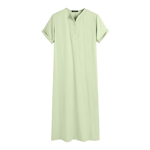 Muslim Thobe for Men Islamic Robe Kaftan Long Sleeve Jubba Arabic Gown Cotton Linen Loose Fit Ramadan A20 - color: Green, size: Medium