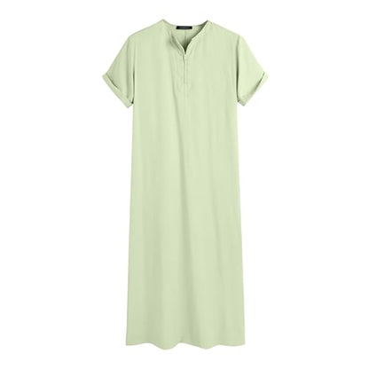 Muslim Thobe for Men Islamic Robe Kaftan Long Sleeve Jubba Arabic Gown Cotton Linen Loose Fit Ramadan A20 - color: Green, size: 3X-Large