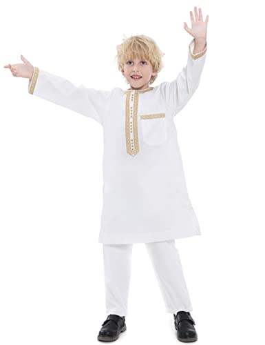 Boy's Muslim Clothing Kaftan Set - Middle East Youth Embroidered Robe Suit Round Neck Islamic Dress Arabic Wear - color: White, size: 15