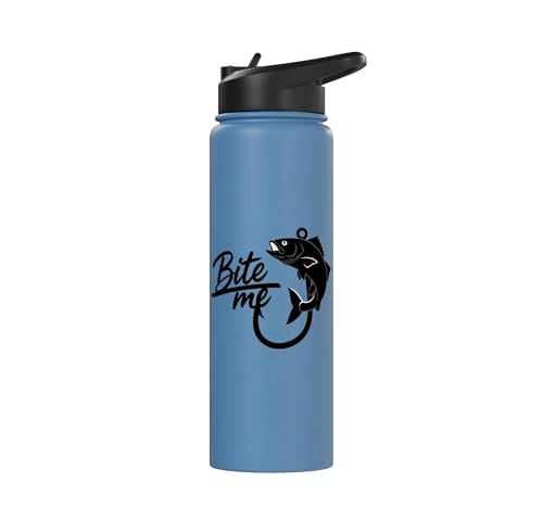 Bite Me Fishing Hook Funny Angler Fish Graphic Stainless Steel Insulated Water Bottle - color: Light Blue