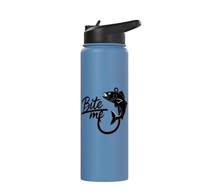 Bite Me Fishing Hook Funny Angler Fish Graphic Stainless Steel Insulated Water Bottle - color: Light Blue