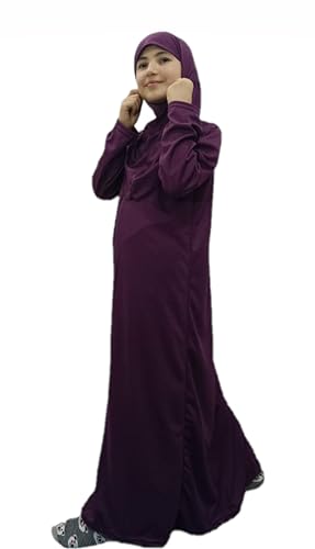 Abaya for little girls sleeved Prayer Dress &Hijab One-piece prayer dress with hijab muslim girls jilbab Abaya. - color: Purple 2, size: 2