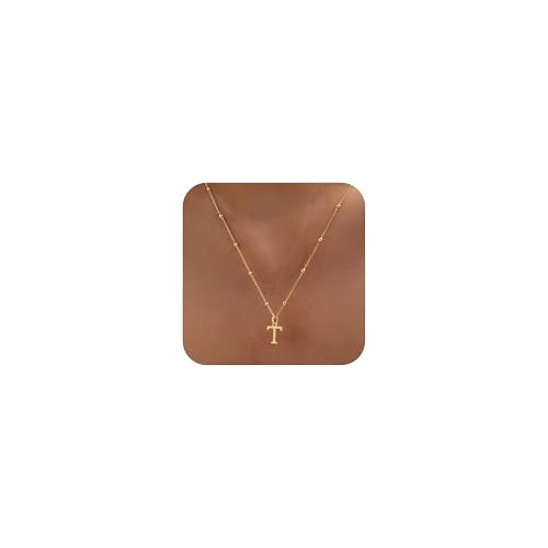 Initial Necklaces for Women Dainty 14k Gold Plated A-Z Letter Pendant Name Necklaces Cute Charm Choker Fashion Accessories Non Tarnish Trendy Jewelry Gift - color: Gold, style: T