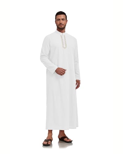 Jacansi Men's 65% Cotton 35% Linen Kaftan Robe, Henley Button Down Thobe, Long Sleeve Casual Gown with Pockets - color: White, size: 3X-Large