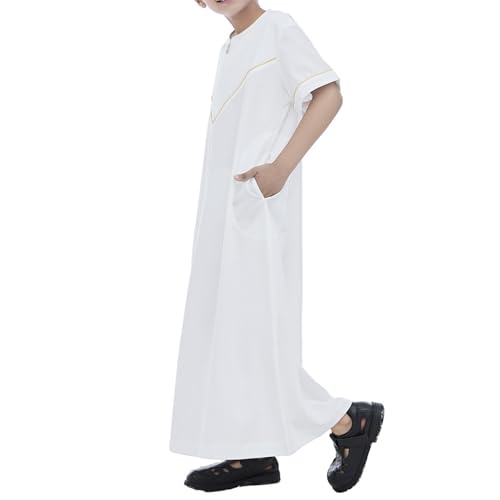 Boys Short Sleeve Muslim Thobes Islamic Kids Half Zipper Eid Traditional Prayer Kaftan Thobes Toddler Abaya Clothes - color: White, size: 11-12 Years
