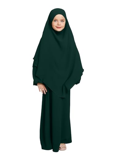 IDOPIP Muslim Dress for Girls Islamic Prayer Abaya Long Sleeve Chiffon Kaftan Robe Dresses with Hijab Ramadan Dubai Outfits - color: Green, size: 3-4 Years