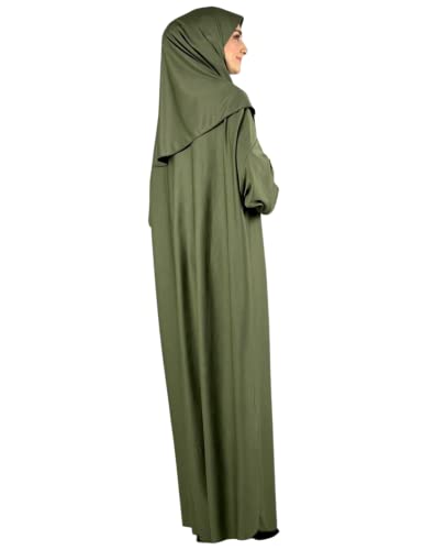 Women Prayer Clothes with Hijab Muslim Outfits Long Robe Abaya Turkish Islamic Dresses Dubai Kaftan with Rosary - color: Khaki