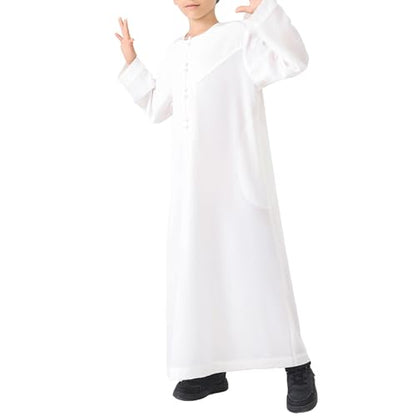Kids Arabic Thobes for Boys Muslim Thobe Long Sleeve Kaftan Islamic Prayer Dress Kids Dubai Robe Burkas Ramadan Eid Outfit - color: White, size: 9-10 Years