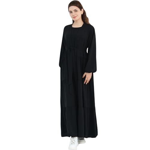 Women Muslim Abaya Dress 2PCS Soft Flowing Cardigan Dress Set Islamic Dubai Modest Kaftan Prayer Robe - color: Black, size: Large