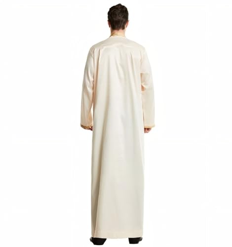 Men's Ankle-Length Thobe With Round Neck And Intricate Gold Embroidery - color: Beige and Gold, size: Large