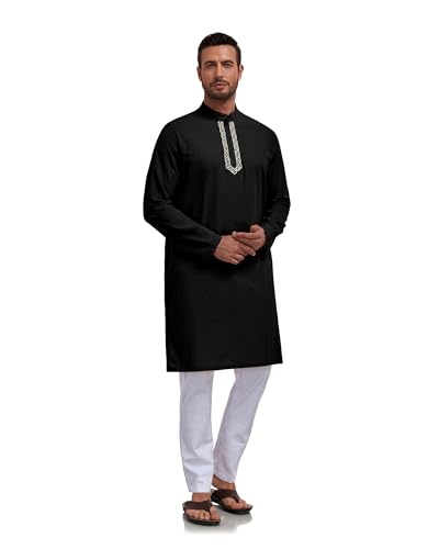 Jacansi Men's Cotton Linen Kaftan Thobe, Button Henley Long Sleeve Muslim Dress Robe - color: Black, size: 3X-Small