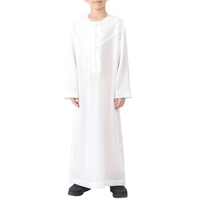 Kids Arabic Thobes for Boys Muslim Thobe Long Sleeve Kaftan Islamic Prayer Dress Kids Dubai Robe Burkas Ramadan Eid Outfit - color: White, size: 7-8 Years
