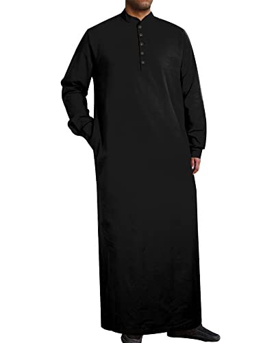 YAOHUOLE Muslim Thobe for Men Button down Mens Caftans Big and Tall Mens Arab Thobe with Pocket - color: Black, size: XX-Large