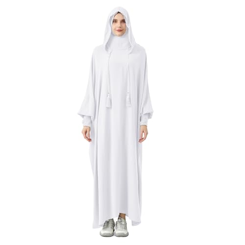 Abaya Muslim Dress Women Prayer Dress Long Sleeve Hooded Loose Maxi Dress Arabian Dubai Islamic Clothes - color: White