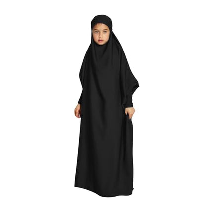Lmdudan Girls Muslim Dress Hood Long Sleeve Prayer Dresses Robe Dubai Abaya 2026 Ramadan Kaftan Dress Kids 6-13 Years - color: Black, size: 6-7 Years