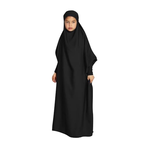 Lmdudan Girls Muslim Dress Hood Long Sleeve Prayer Dresses Robe Dubai Abaya 2026 Ramadan Kaftan Dress Kids 6-13 Years - color: Black, size: 8-9 Years