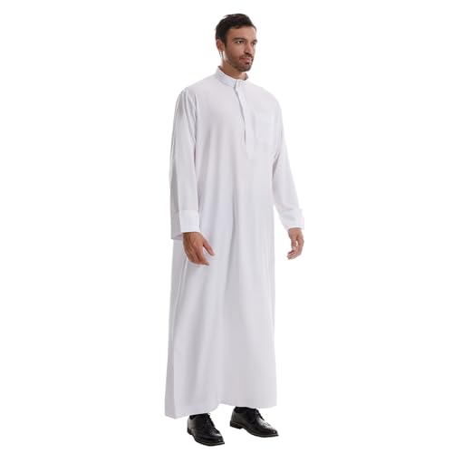 IWEMEK Muslim Thobe for Men Kaftan Thobe with Pockets Middle East Saudi Arabic Robe Ramadan Caftan Dubai Islamic Abaya Dress - color: White, size: Medium
