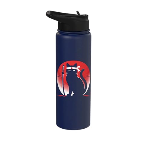 Japanese Cats Lovers Retro Cool Fighting Ninja Cat Fighter Stainless Steel Insulated Water Bottle - color: Navy Blue