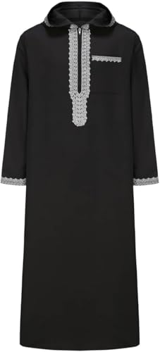 Men's Hooded Thobe - Traditional Embroidered Muslim Islamic Kaftan, Half-Zip Middle Eastern Arabic Robe - color: Black, size: Large