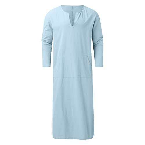 Mens Muslim Kaftan Thobe Saudi Arabic Islamic Middle East Robes Long Sleeve Breathable Clothing Ramadan Jubbah - color: Light Blue-d, size: Large