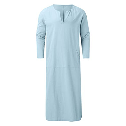 Mens Muslim Kaftan Thobe Saudi Arabic Islamic Middle East Robes Long Sleeve Breathable Clothing Ramadan Jubbah - color: Light Blue-d, size: 3X-Large