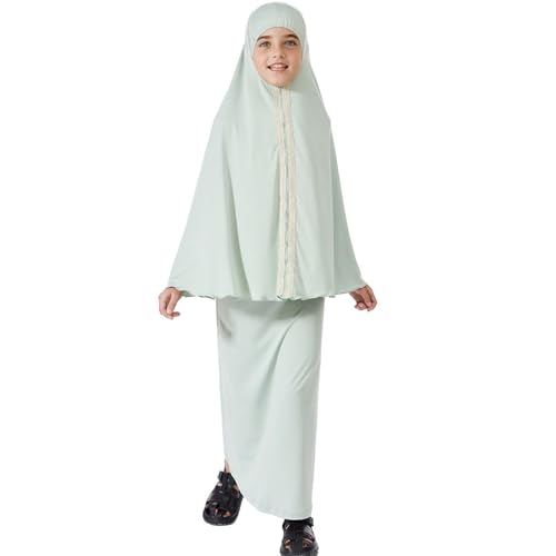 Lenmipot Kids Jilbab 2pcs Abaya Girls Muslim Prayer Dress Kids Eid Full Cover Abaya Dress Set Islamic Prayer Jilbab for Girl - color: Mint Greena, size: 6-7 Years