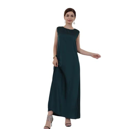Ramadan Eid Prayer Abaya Dress for Women Muslim Islam Turkey Satin Sleeveless Slip Inner Under Loose Long Dress - color: Dark Green, size: Small