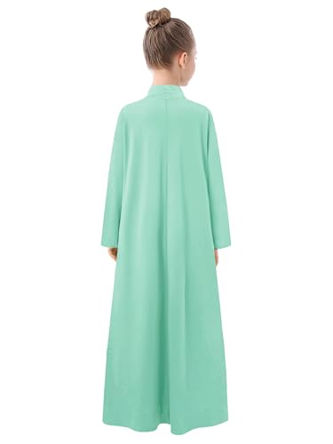 WSPLYSPJY High Neck Kids Girls Abaya Dress Solid Color Muslim Robe Prayer Clothes with Pockets - color: 연한 녹색., size: 11-12세