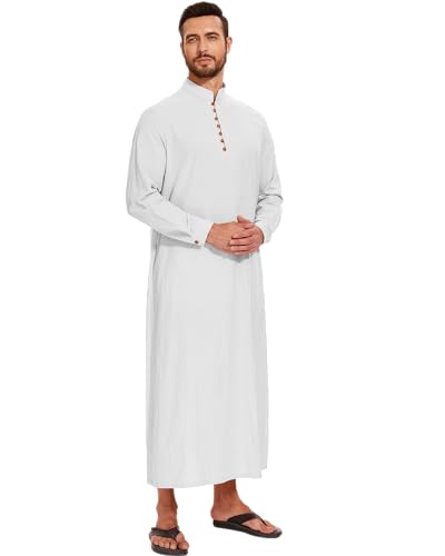 LVCBL Thobe for Men Long Sleeve Kaftan Muslim Thobe Button Down Long Gown Caftan with Pockets - color: White, size: XX-Large