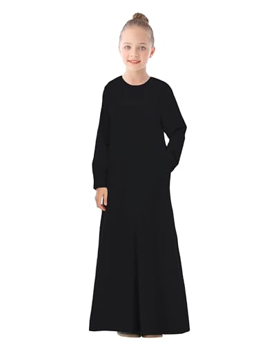 WSPLYSPJY Solid Color Muslim Dress for Girls Kids Abaya Zipper Islamic Prayer Clothes with Pockets - color: Black, size: 11-12 Years