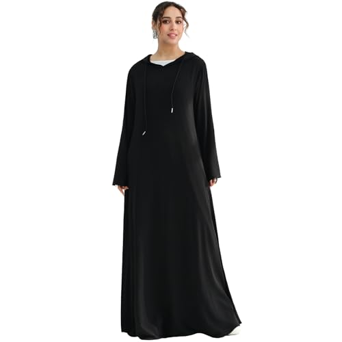 Muslim Abaya Dress for Women Lightweight Hoody Pockets Islamic Prayer Robe - color: Black, size: Large