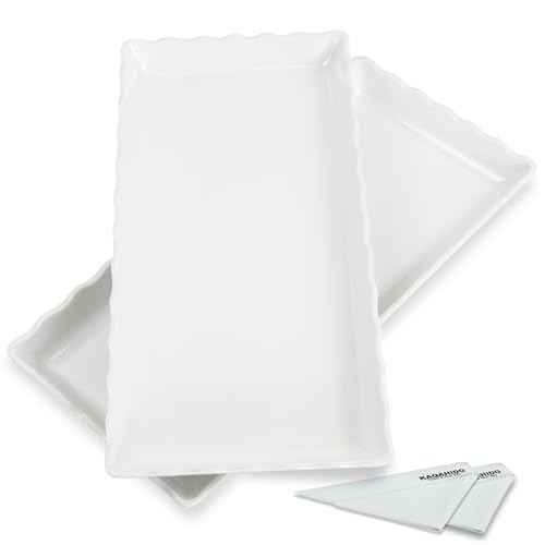 KAQAHIDO 17" x 8" x 1.5" White Serving Tray Set, Wave Edge Melamine Platters for Cookie, Appetizer, Charcuterie, Snack, Dessert, Party Food Display, Stackable, Set of 2