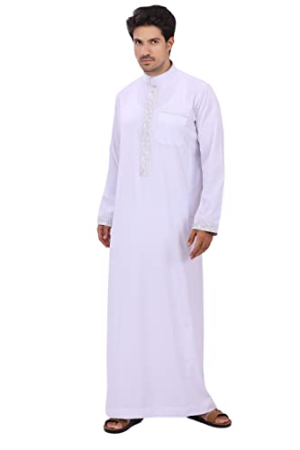 Men’s Modern Arabic Thobe – Pure Color Long Sleeve Kaftan Robe, Perfect for Eid or Weddings - color: White, size: 64