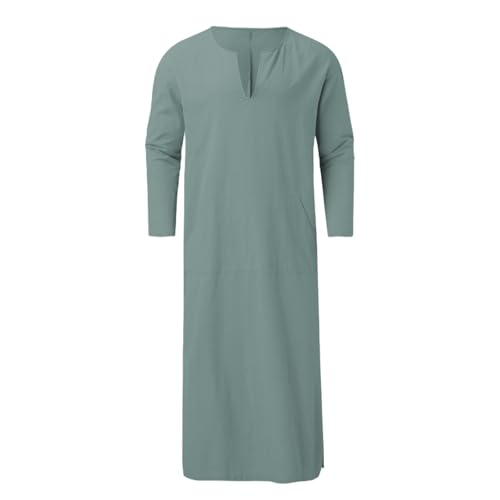 Muslim Robe Kaftan for Men Long Sleeve Solid V Neck Shirts Linen Kaftan Muslim Long Gown Side Split Ethnic Thobe Robe - color: Green, size: 3X-Large