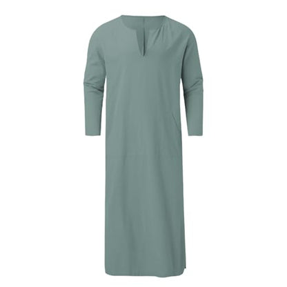 Muslim Robe Kaftan for Men Long Sleeve Solid V Neck Shirts Linen Kaftan Muslim Long Gown Side Split Ethnic Thobe Robe - color: Green, size: 3X-Large
