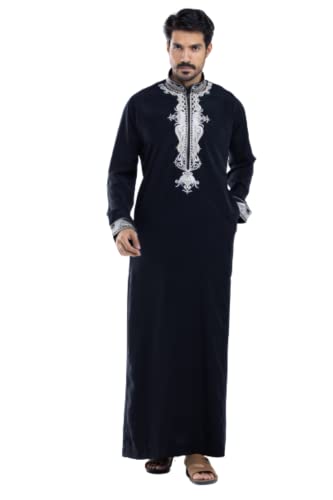 Men's Thoub Arabic thoub Long Sleeve Arab Thobe Embroidery Dress Full Length for Eid & Weddings - color: Black, size: 64
