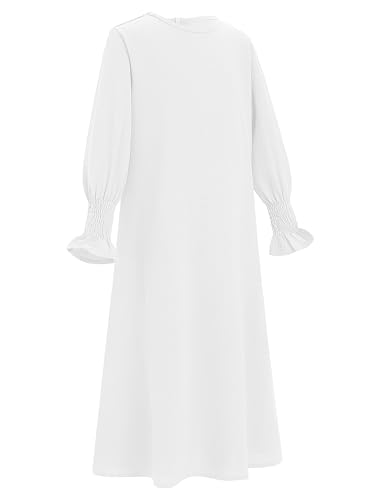 OBEEII Abaya for Girls Muslim Long Sleeve Prayer Dress Ramadan Kaftan Abaya with Hijab Islamic Clothing Arabic Eid Robe - color: White, size: 9-10 Years